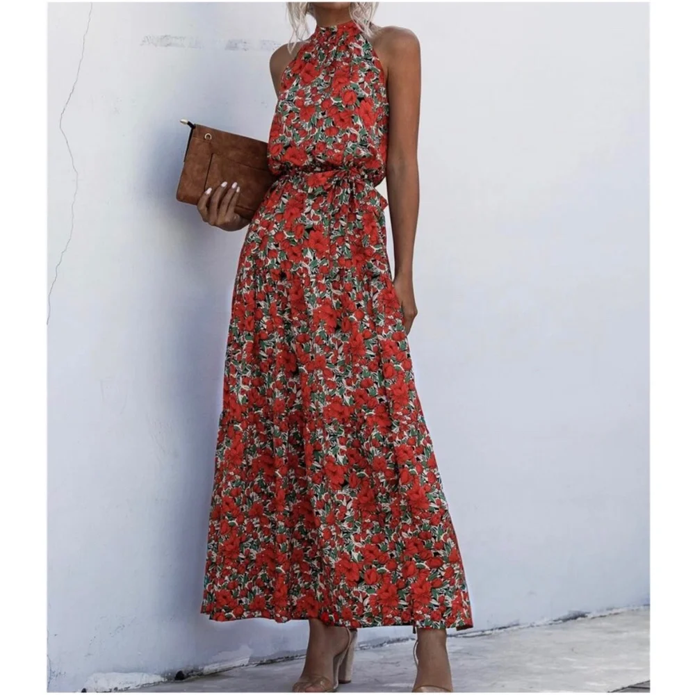 10 - Boho Red Floral Print Romantic Halter Maxi Dress - Picture 1 of 3